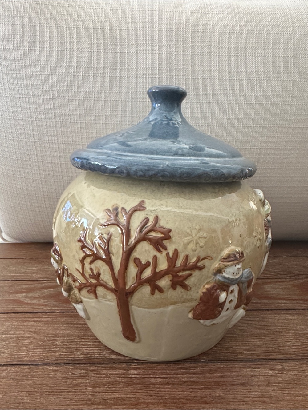 St. Nicholas Square Blue-Top Ceramic Winter Scene Cookie Jar